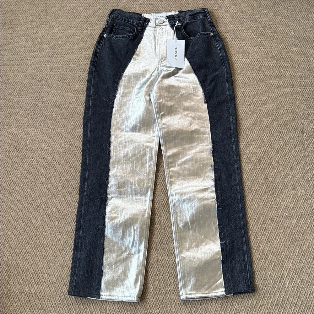 NWT FRAME Pieced Metallic Silver Black Straight Leg Jeans Size 26 Retail $448
